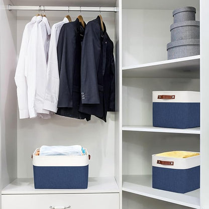 Bagnizer Storage Bins Large Fabric Storage Baskets for Shelves 3 Pack, Decorative Linen Closet Baskets with Handles for Organizing, Shelf, Clothes, Home, Office, 15x11x9.5Inches (NavyBlue&White)