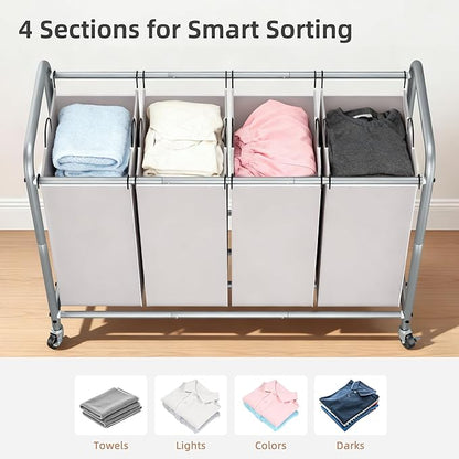 STORAGE MANIAC Laundry Sorter 4 Section, 47.5 Gal (180 L) Laundry Hamper with Wheels, Clothes Divider Basket Sorter, Clothes Separator Hamper Cart with Wheels and Removable Bags, Gray