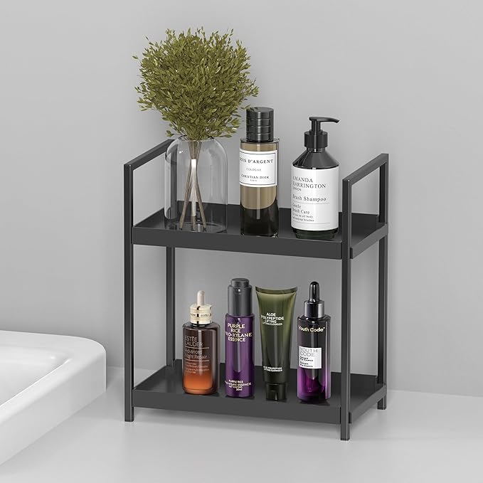 Bathroom Organizer Countertop, 2 Tier Counter Storage Shelf for Makeup Perfume Skincare Cosmetic Beauty Product, Small Vanity Countertop Tray Stand Rack Holder for Mens Bathroom Sink Dresser, Black