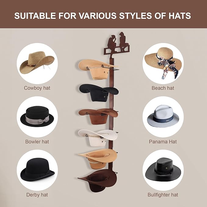 Cowboy Hat Rack Holder for Wall - Wild Western Style Design Hat Organizer with 6 Hat Hooks for Wall Mount, Hat Stand and Hanger for Storage and Organization , Gifts for Men Fathers Dad(Cowboy Lover)