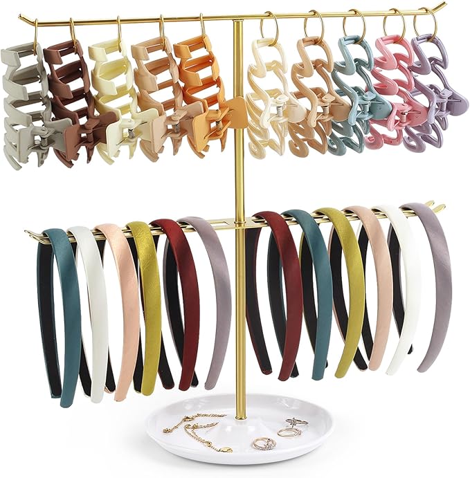 Metal Headband Holder Organizer, 2-Tier Headband Storage with Tray, Hairband Display Stand with 10 Golden Rings, Hair Accessories Claw Clip Organizer for Women and Girls