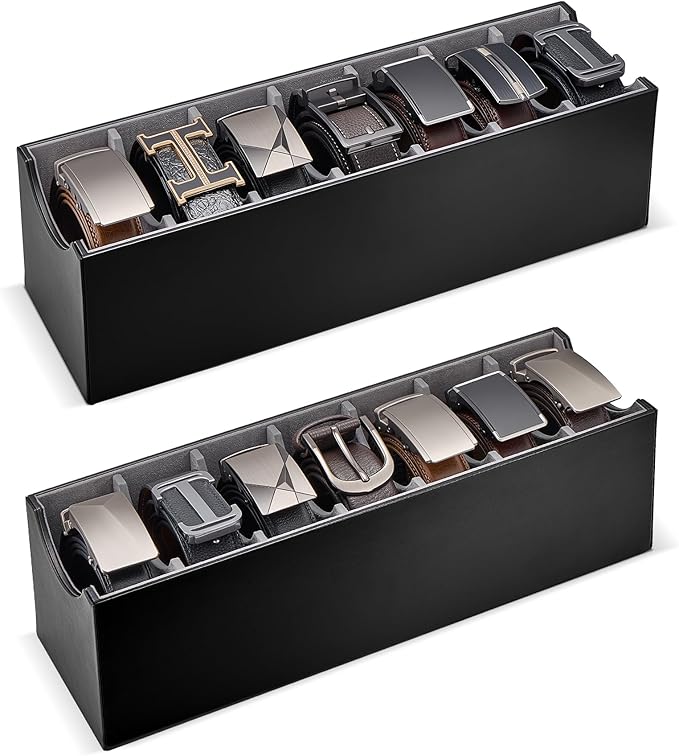 Lolalet 7 Compartments Belt Organizer, PU Leather Belt Storage with Soft Lining, Extra-Wide Slots for Men and Women, Fits Drawer, Closet & Entryway Cabinet -2 Packs, Black