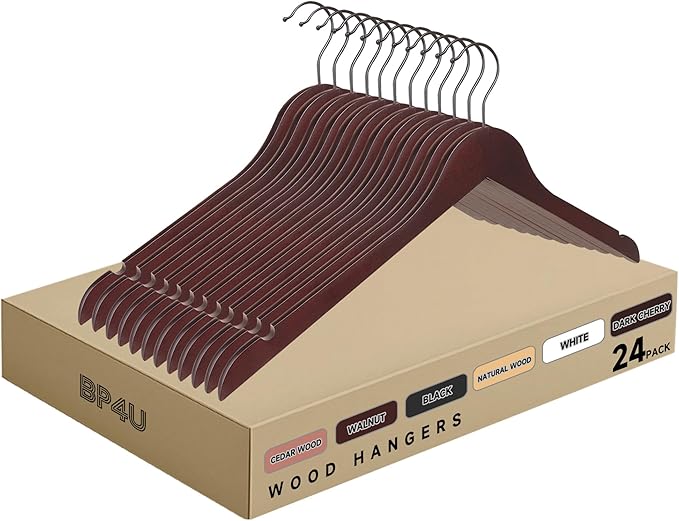 Premium Wooden Top Hangers, Heavy Duty Solid Wood Suit Hangers with 360° Swivel Hook & Anti-Slip Notches, Durable Clothes Hangers for Jackets, Coats, Shirts & Dresses(Dark Cherry/24-Pack)