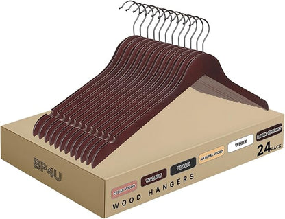Premium Wooden Top Hangers, Heavy Duty Solid Wood Suit Hangers with 360° Swivel Hook & Anti-Slip Notches, Durable Clothes Hangers for Jackets, Coats, Shirts & Dresses(Dark Cherry/24-Pack)