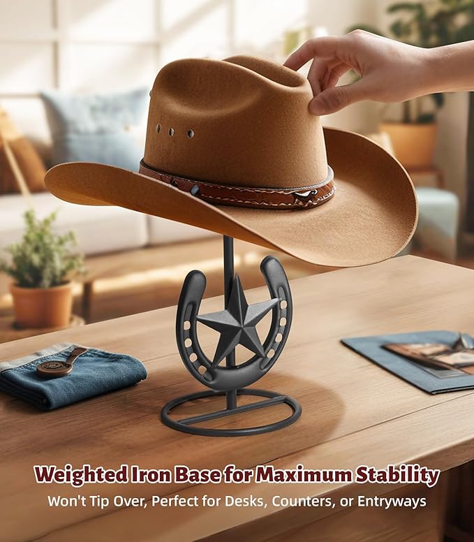 Cowboy Hat Stand, Hat Display Stand Tabletop, Western Horseshoe Decor, Cowboy Hat Rack, Cowboys Gifts for Men, Western Stuff, Desk Hat Rack for Fedora, Sun Hats, Straw Hats, Iron, Black, 2 Packs