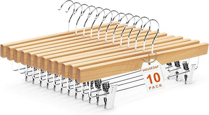 HOUSE DAY Wooden Pants Hangers with Clips, Solid Lotus Deluxe Wood Skirt Hangers, Heavy Duty & Anti-Rust Hook for Wrinkle-Free Slacks, Skirts, Jeans, Space Saving for Closet 10 Pack (Natural)