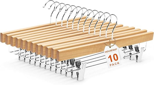 HOUSE DAY Wooden Pants Hangers with Clips, Solid Lotus Deluxe Wood Skirt Hangers, Heavy Duty & Anti-Rust Hook for Wrinkle-Free Slacks, Skirts, Jeans, Space Saving for Closet 10 Pack (Natural)