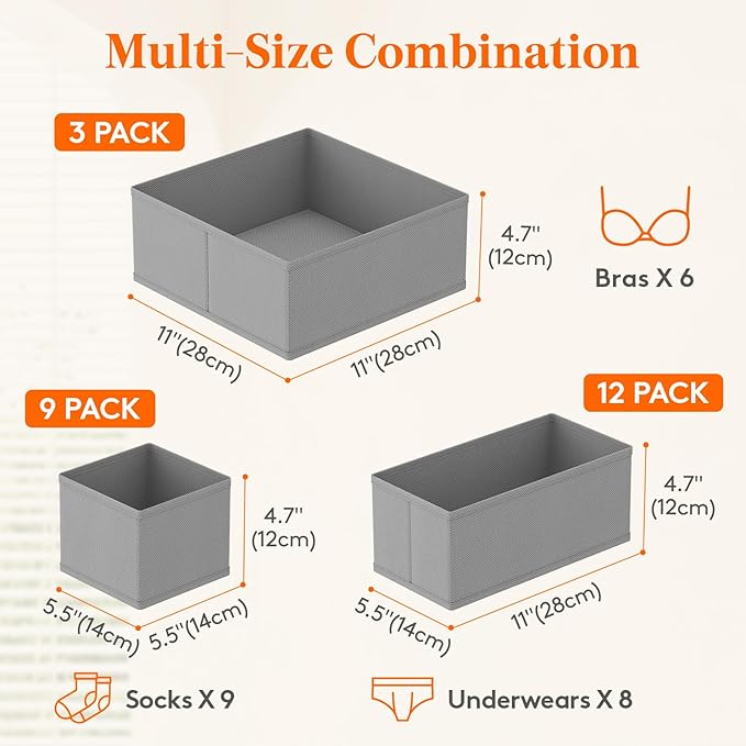 Lifewit Drawer Organizer Clothes for Closet 24 Pack, 3 Sizes Underwear Wardrobe Drawer Dividers, Fabric Foldable Dresser Storage Organizer Bins for Sock, Bra, Lingerie, Undies, Grey