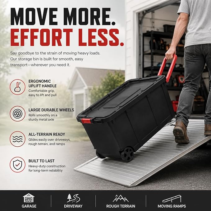 Extra Large 40 Gallon Wheeled Industrial Storage Bins, Heavy Duty Plastic Stackable Totes with Latch Lids and Pull Handle for Garage, Basement, and Moving, Black Box and Red Handle, 2 Pack