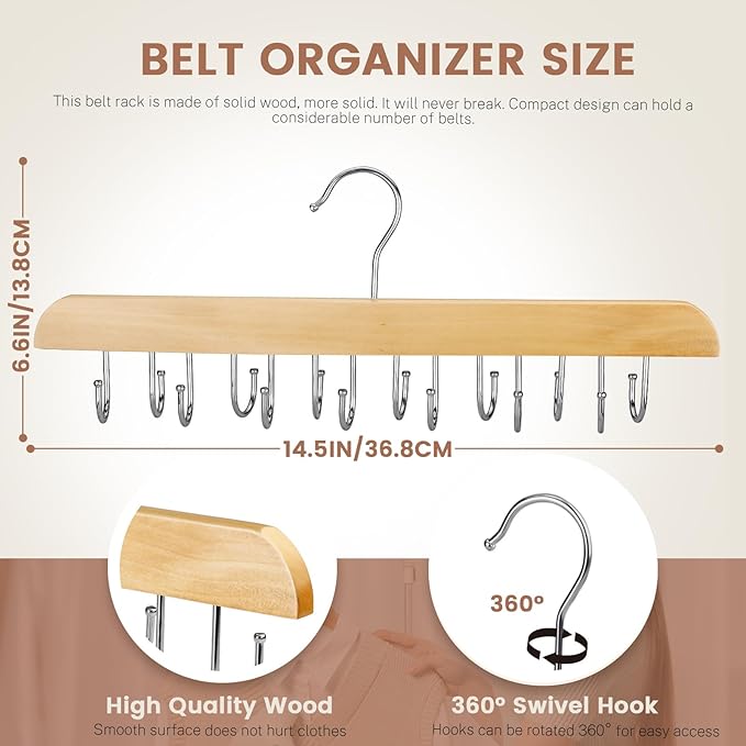 ASTIMESA Solid Wood Belt Hanger for Closet, 14 Hooks Belt Organizer Space Saver, 360° Rotating Belt Holder Tie Rack for Men Women Dorm Bra Purse Scarf Tank Top Storage Accessories (Beige)
