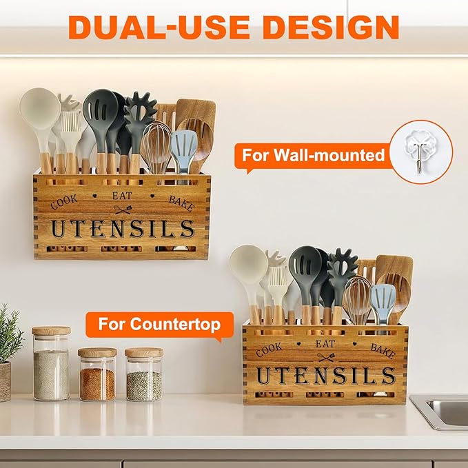 Acacia Wood Extra Large Utensil Holder for Kitchen Counter Rustic Spatula Holder For Counter Top Organizer Kitchen Cooking Utensil Storage Countertop Silverware Caddy Wooden Spoon Kitchen Tools Holder