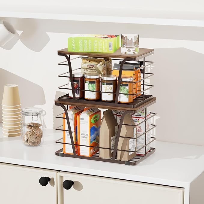 TIDIIABODE Extra Large 2 Pack Potato and Onion Storage Bins,Stackable Storage Pantry Organizers, Kitchen Storage Bins for Potato and Onion, Wall Mount Trash Bag Holder with Bamboo Top, Brown