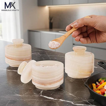 MARBLOUS KRAFTS 3" White Onyx Marble Salt Cellars with Lids, Flaky Salt Holder, Spice Container, Sugar Jar for Countertop, Set of 3 Kitchen Storage Bowls, Perfect Mother’s Day Gift for Her