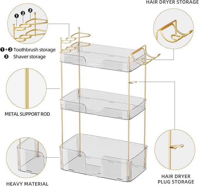 Akinbas 3 Tier Bathroom Organizer Countertop Makeup Perfume Tray Skincare Organizer Comes with Hair Dryer Rack and Toothbrush Holder for Bathroom Dresser Vanity (White)