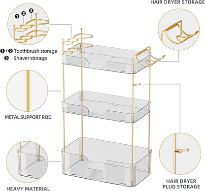 Akinbas 3 Tier Bathroom Organizer Countertop Makeup Perfume Tray Skincare Organizer Comes with Hair Dryer Rack and Toothbrush Holder for Bathroom Dresser Vanity (White)