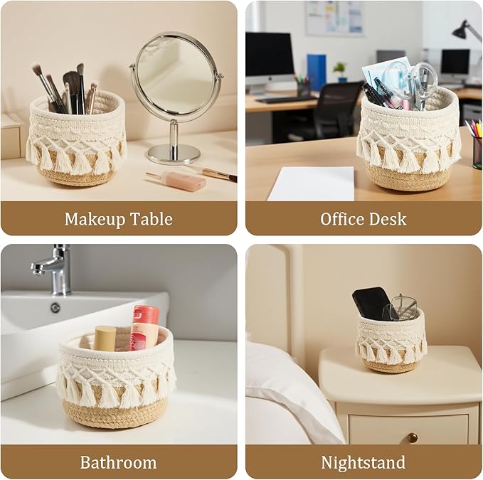 HEAVYWOOD Macrame Makeup Brush Holder Organizer 3.9''x3.9'' Mini Makeup Containers Boho Small Round Storage Basket Tassels Fringe Decorative Pencil Holder Set of 2 (3.9''x3.9'',Khaki)