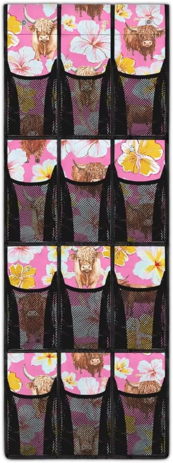 Pink Highland Cattle Shoe Organizer for Door Hanging Mesh Fabric Kids Room Organizer with 12 Pockets,Easy to Install Over The Door Storage -4 Metal Hook