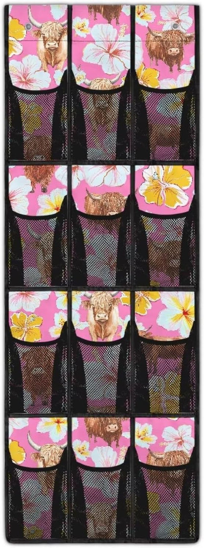 Pink Highland Cattle Shoe Organizer for Door Hanging Mesh Fabric Kids Room Organizer with 12 Pockets,Easy to Install Over The Door Storage -4 Metal Hook
