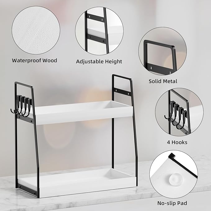 VITVITI 2-Tier Bathroom Organizer Countertop, Wood Bathroom Counter Organizer and Storage, Bathrom Corner Sink Vanity Skincare Organizer Shelf with Hooks, White