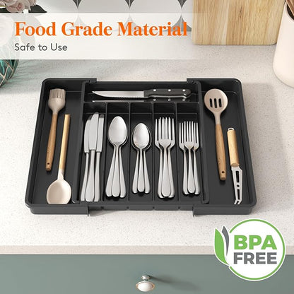 Lifewit Silverware Drawer Organizer, Expandable Utensil Tray for Kitchen, BPA Free Flatware and Cutlery Holder, Adjustable Plastic Storage for Spoons Forks Knives, 11-18 x 14", Black