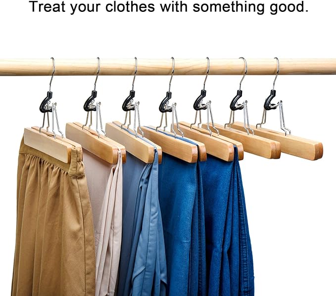 HOUSE DAY Wooden Pants Hangers 10 Pack, Non Slip Wood Skirt Hangers, Wood Clamp Hanger for Pants, Jeans, Slacks, with 360° Swivel Hook