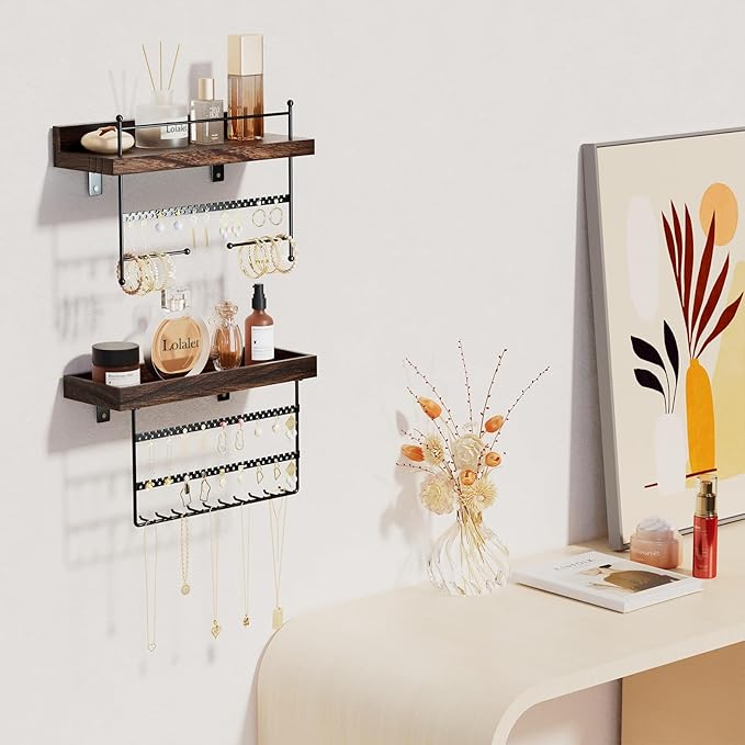 Lolalet Hanging Jewelry Organizer Wall Mount with Earrings, Bracelets, Necklaces Hooks - Easy Install Free Combination Jewelry Holder for Wall Bathroom - Set of 2, Brown
