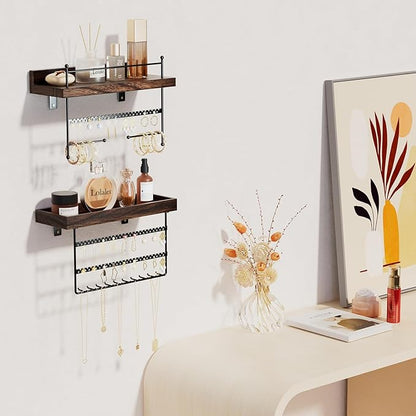 Lolalet Hanging Jewelry Organizer Wall Mount with Earrings, Bracelets, Necklaces Hooks - Easy Install Free Combination Jewelry Holder for Wall Bathroom - Set of 2, Brown