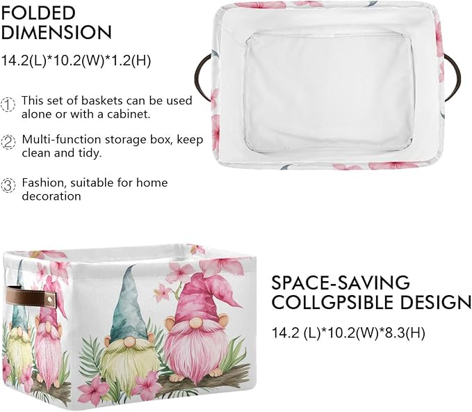 Large Storage Basket Gnomes Spring Storage Bin Cube Canvas Fabric Organizer Handles Collapsible for Clothes Toys Bedroom Decorative