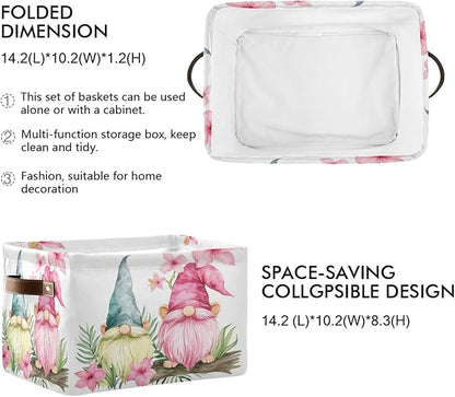 Large Storage Basket Gnomes Spring Storage Bin Cube Canvas Fabric Organizer Handles Collapsible for Clothes Toys Bedroom Decorative