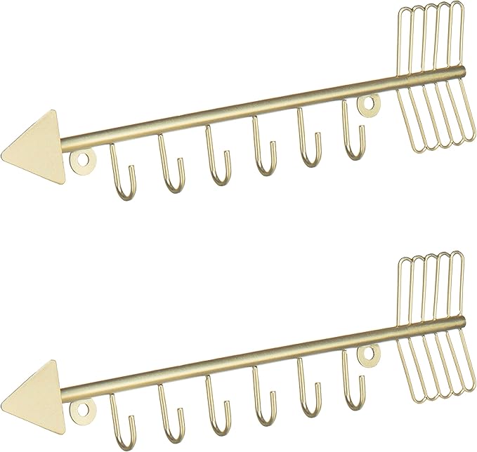 MyGift Brass-Tone Metal Wall Mounted Arrow Design Necklace Organizer Rack with 6 Hooks, Set of 2