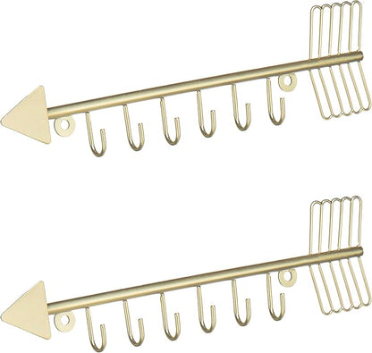 MyGift Brass-Tone Metal Wall Mounted Arrow Design Necklace Organizer Rack with 6 Hooks, Set of 2