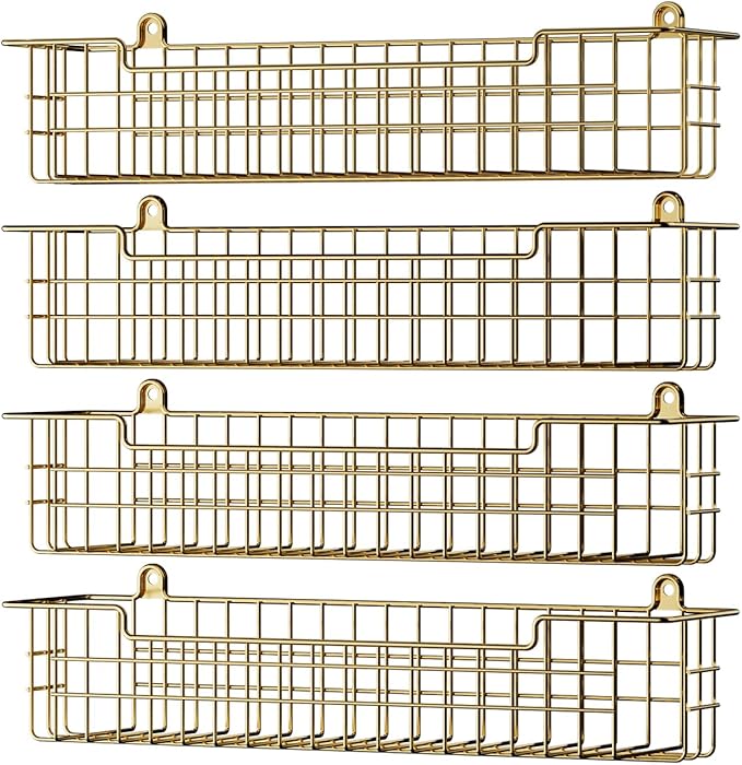Spice Rack, 4-Pack Seasoning Organizer Wall Mount for Kitchen Storage Organization, Spice Holder Shelf Saving Space for Cabinet, RV, Pantry, Gold