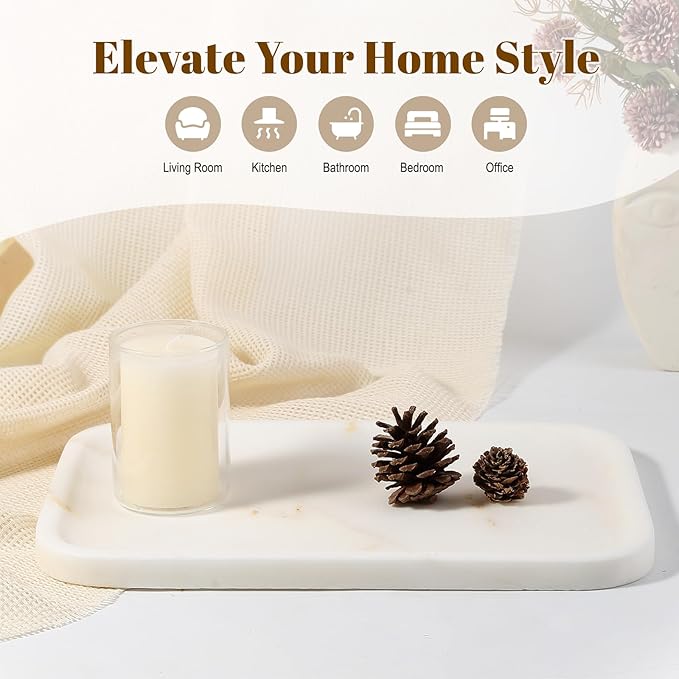Koville Marble Tray, 12"x8" Natural Marble Vanity Tray for Countertop Bathroom Kitchen Dresser, Decorative Catchall Trays for Perfume Jewelry, Rectangular Stone Serving Tray(Golden Calacatta)