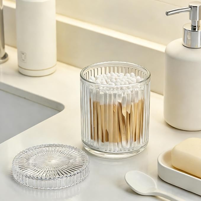 2 Pack Ribbed Glass Qtip Holder with Lid, Apothecary Storage Jars, Bathroom Vanity Countertop Organizer for Cotton Swabs, Cotton Balls, Pads, Floss Picks, Hair Ties, Makeup Accessories (Clear)