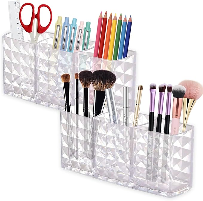 2 Pcs Acrylic Makeup Brush Holder,3 Compartment Cosmetic Organizer,Bathroom Vanity Countertop Storage for Brushes Beauty Tools Pencils Pens Bathroom Living Room