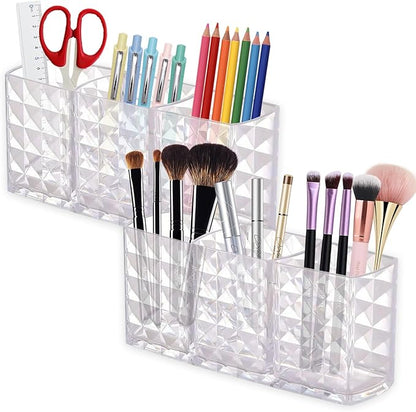 2 Pcs Acrylic Makeup Brush Holder,3 Compartment Cosmetic Organizer,Bathroom Vanity Countertop Storage for Brushes Beauty Tools Pencils Pens Bathroom Living Room