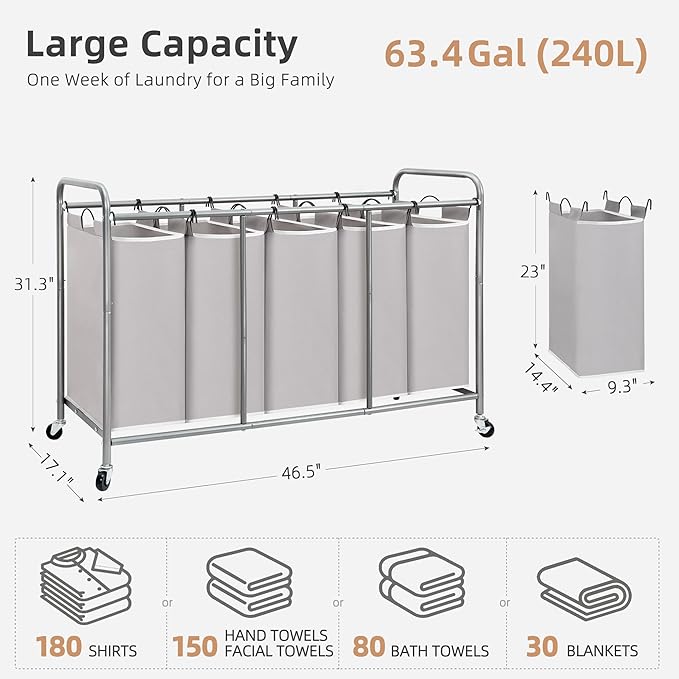 STORAGE MANIAC 5 Section Laundry Sorter, 5 Bins Rolling Separator Laundry Basket, Dirty Clothes Hamper Divider with Heavy Duty Rolling Lockable Wheels, Large Clothes Organizer Cart, Gray