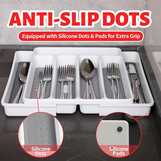 Non-Slip Expandable Silverware Drawer Organizer,7 Compartment Tasteless Large Capacity Thick Plastic Flatware Divider for Silverware, Stationery, Cosmetics – Minimalist Design and Premium Feel