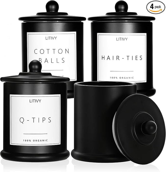 LITIVY 4 Pack Bathroom Organizers and Storage - 16 Oz Glass Qtip Holder & Cotton Pad Dispenser with Lid, Apothecary Jars for Home, Room Decor, Kitchen Organizer (Black)
