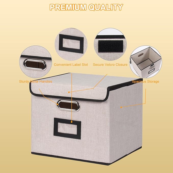 Large Square Storage Bin with Lid, Foldable Organizer Box with Handles & Label Design, for Office, Closet, Home, Documents, Grey, 12.20 x 10.63 x 10.63 Inches, 1 Pack