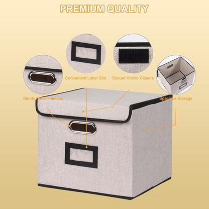 Large Square Storage Bin with Lid, Foldable Organizer Box with Handles & Label Design, for Office, Closet, Home, Documents, Grey, 12.20 x 10.63 x 10.63 Inches, 1 Pack