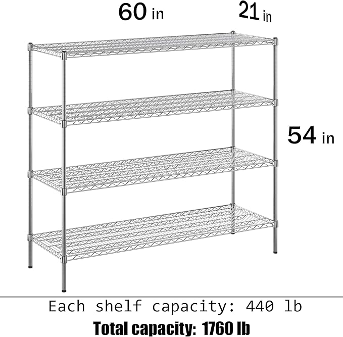 21" Deep x 60" Wide x 54" Height Wire Shelving Kit | 4-Tier | NSF Commercial Storage Rack Unit