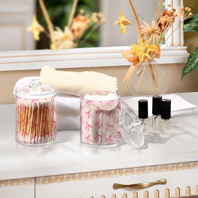 Milk Cow Qtip Holder with Lid 2PCS Apothecary Jars Storage Containers, Clear Plastic Canister for Cotton Swab,Floss Picks, Cosmetics (Pink Bow, one sizex4)