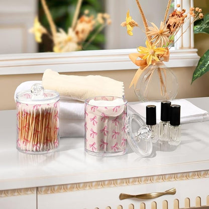 Milk Cow Qtip Holder with Lid 2PCS Apothecary Jars Storage Containers, Clear Plastic Canister for Cotton Swab,Floss Picks, Cosmetics (Pink Bow, one sizex4)