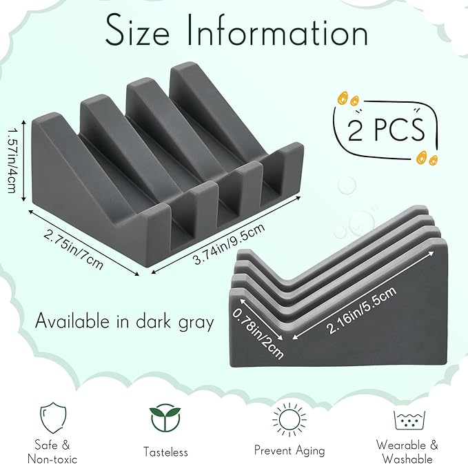 Cunhill 2 Pieces Silicone Soap Dish Self Draining Soap Dish Shower Waterfall Bar Soap Holder Tray with Drain Soap Saver for Kitchen Bathroom Accessories (Dark Grey)