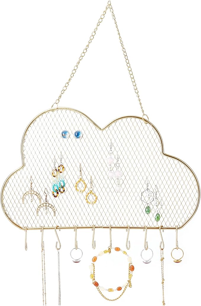 PH PandaHall Wall Jewelry Organizer, Stud Earring Holder Hanging Necklace Bracelet Display Stand with 10 Hooks Decorative Cloud Organizer for Necklaces Bracelets Small Grid for Stud Earring