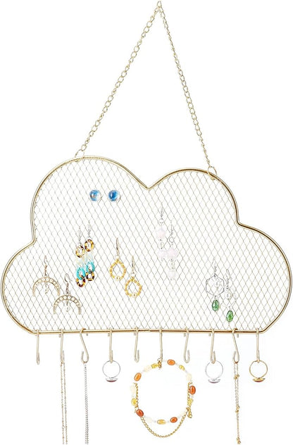 PH PandaHall Wall Jewelry Organizer, Stud Earring Holder Hanging Necklace Bracelet Display Stand with 10 Hooks Decorative Cloud Organizer for Necklaces Bracelets Small Grid for Stud Earring