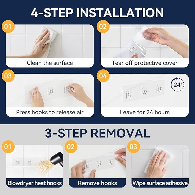 YASONIC 2-Pack Shower Caddy Adhesive Replacement - Transparent Shower Adhesive Strips, No Drilling Hooks for Bath Storage Shelves, Kitchen Racks, Basket & Soap Holder