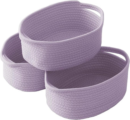JMvicyroam Woven Basket,Small Rope Storage Bin with Handles & Ribbon Bag, Organizer for Shelves Closets,Gift Basket Empty for Birthday,Books,Dog Toys, Purple/3 Pack