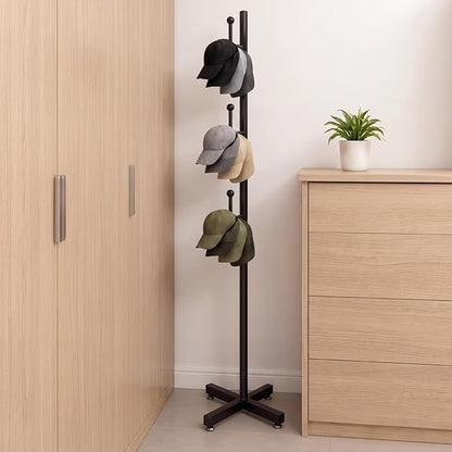 Gisafai Hat Rack Stand for 30 Caps, 63” Tall Freestanding Hat Organizer with 3 L-shaped Hooks (10 Caps Each), Metal Baseball Cap Holder, Space Saving Display Rack for Home, Store, Office